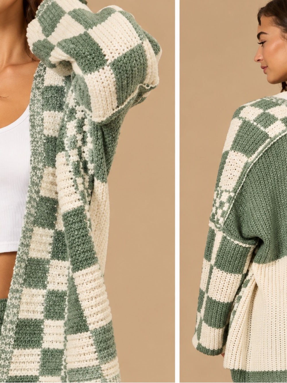 Altar'd State Cream & Sage Green Check Knit Cardigan